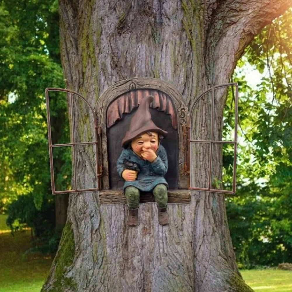 Garden Elf Tree Hug Resin Statue – Outdoor & Porch Decor Garden Statue Qme