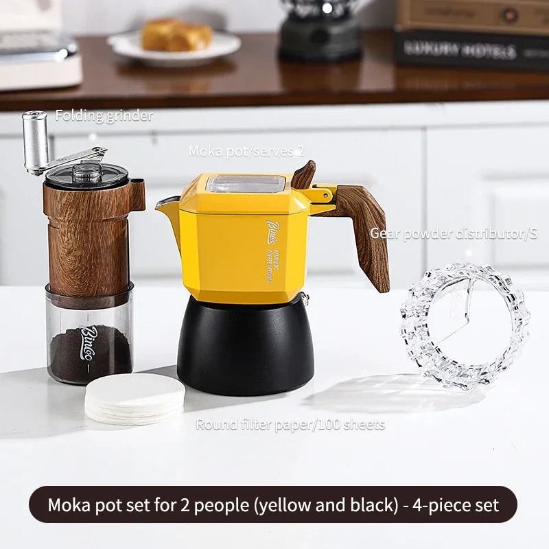 BINCOO 2-Cup Double Valve Moka Pot – Italian Espresso Maker Moka Pot Qst Yellow Black-4pcs