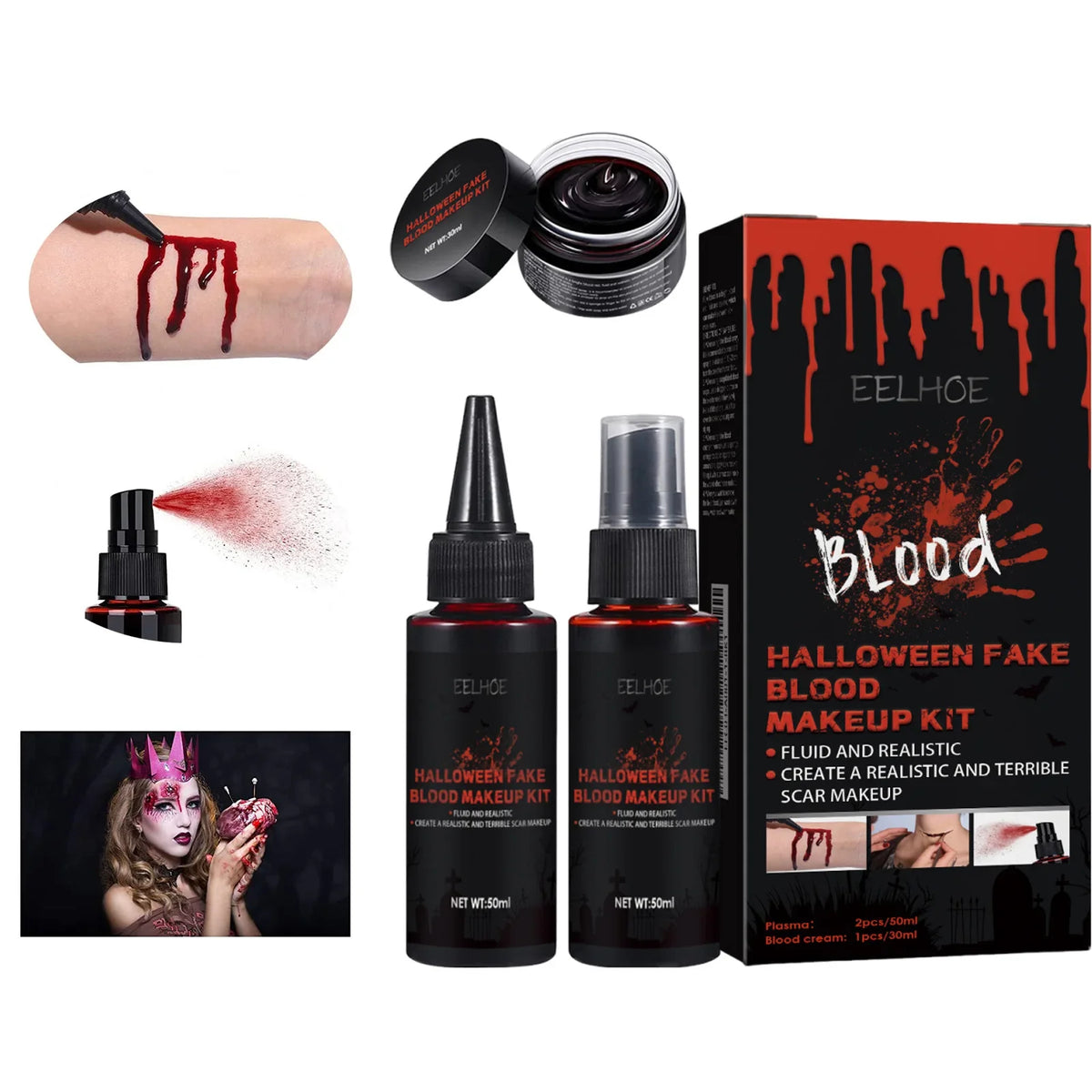 Halloween Fake Blood Makeup SFX Kit – Washable Spray & Cream SFX Costume Makeup Qme