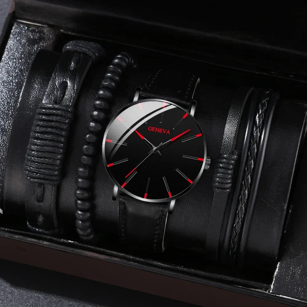 Men's Luxury Leather Quartz Watch & Bracelet Set | Gift Box Quartz Watch Set Qme F