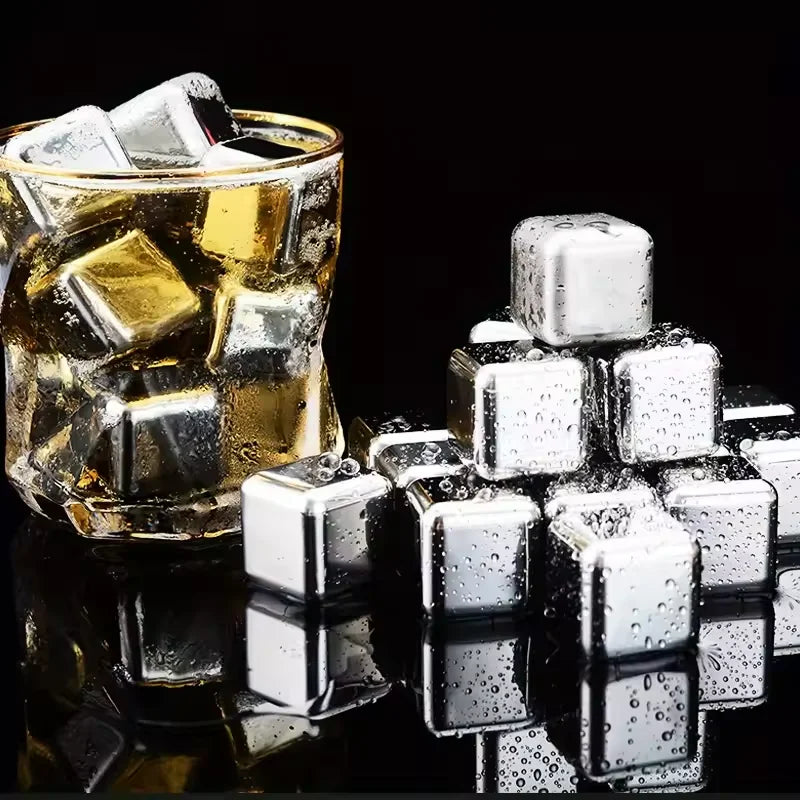 Reusable Stainless Steel Ice Cubes Set – 8/12 Pcs Whiskey Stones Bar Chilling Stones Qst