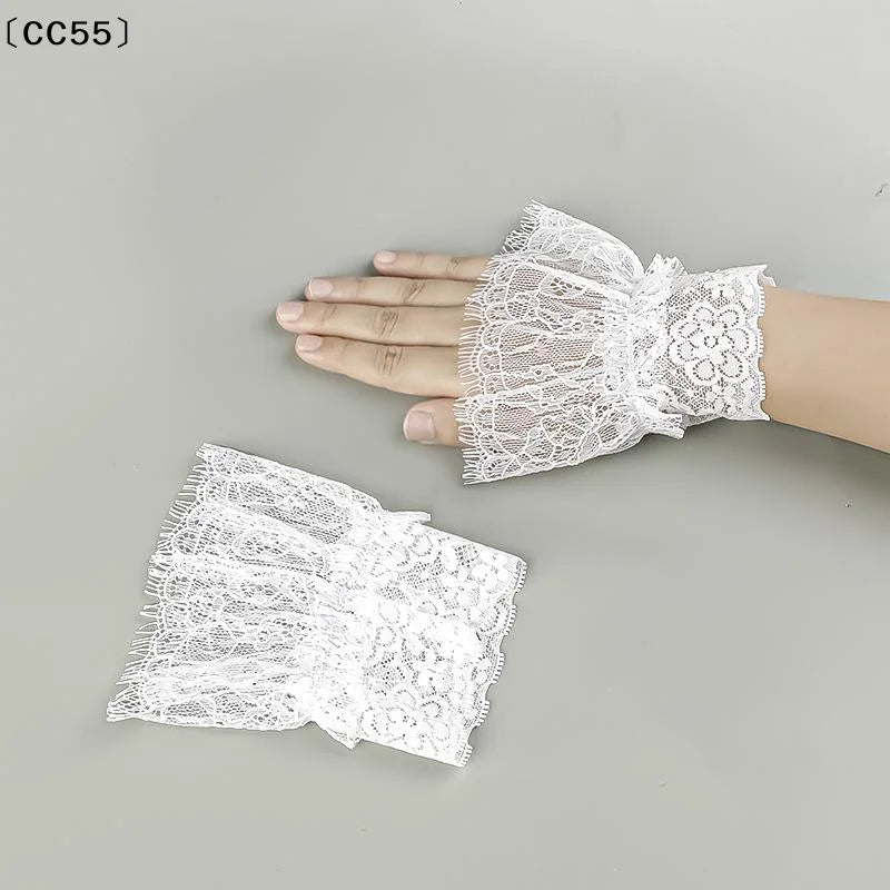 Women's Lace Fake Arm Sleeves Tassel Pleated Cuffs – White & Black Lace Arm Sleeves Qst
