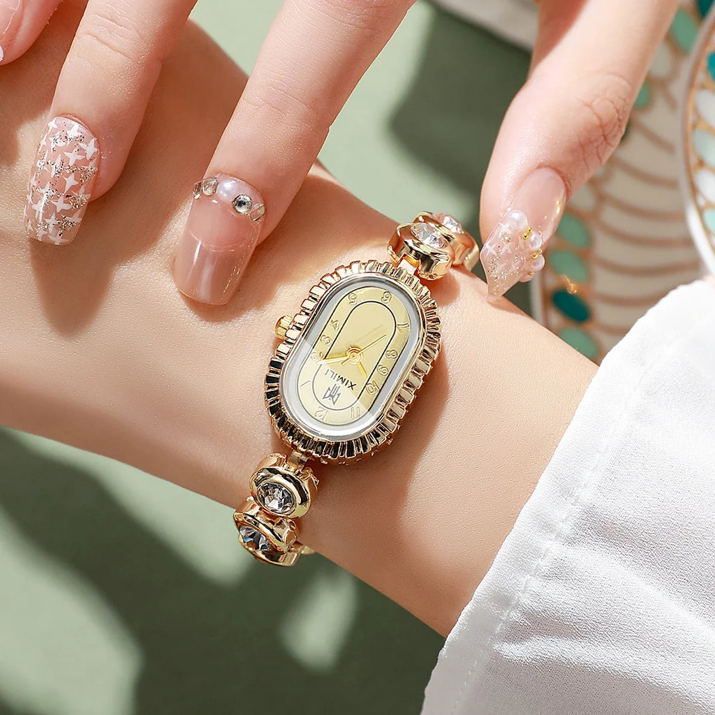 Women's Crystal Quartz Watch – Oval Gold Dial & Diamond Bezel Women's Fashion Watch Qme