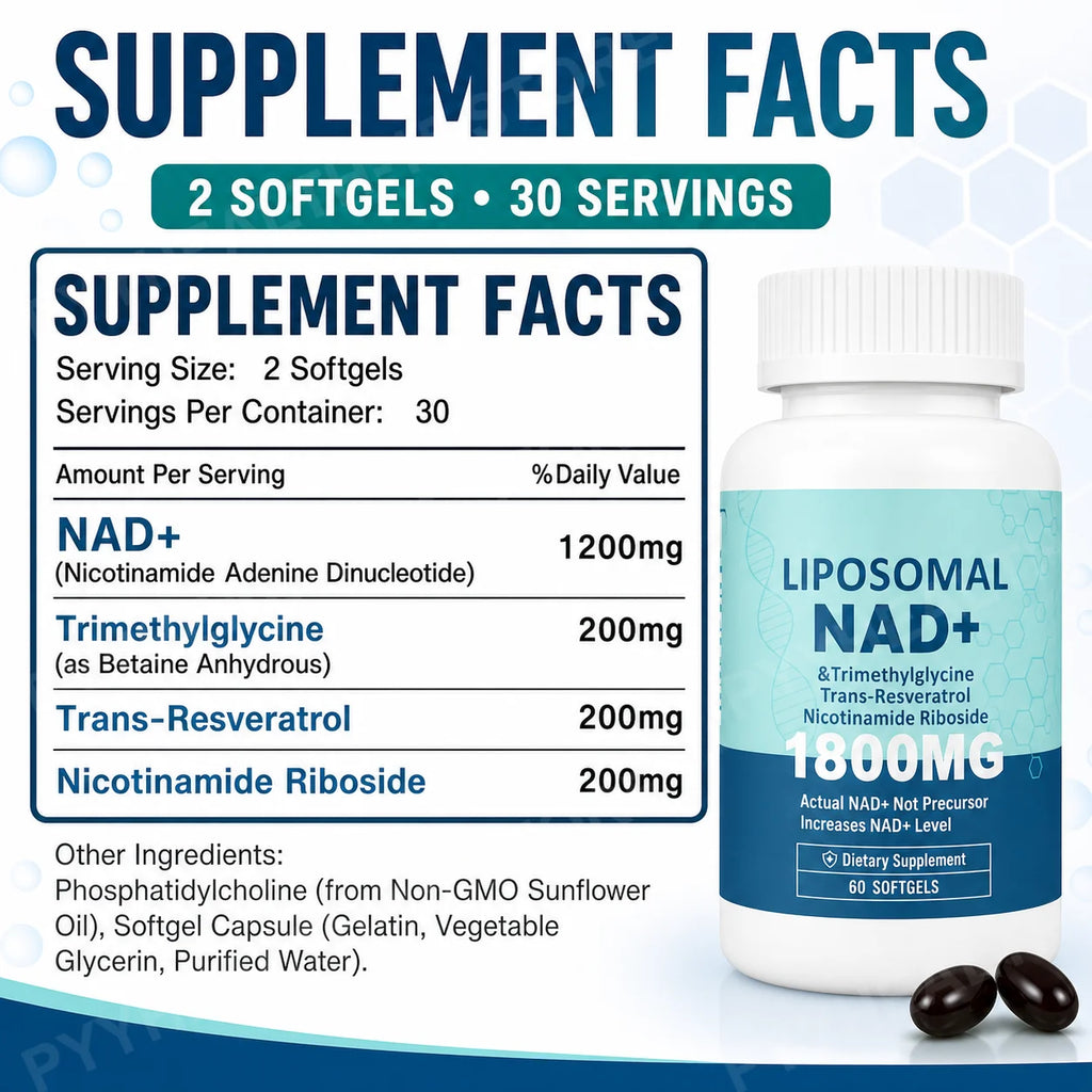 Liposomal NAD+ 1800mg with NR, Resveratrol & TMG – 60 Softgels NAD+ Supplement Qst
