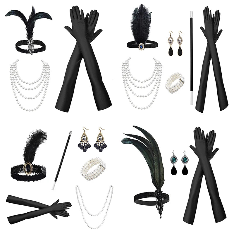1920s Flapper Costume Set – Headband, Pearl Necklace & Gloves Costume Accessory Set Qst