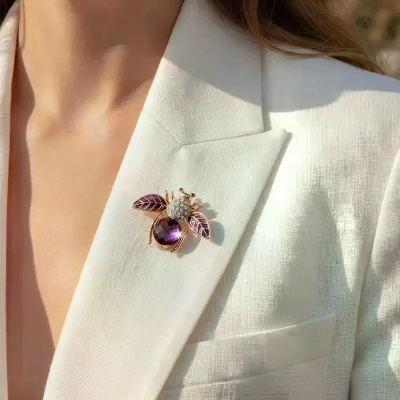 Rose Gold Purple Crystal Bee Brooch – Rhinestone Enamel Wings Fashion Brooch Pin Qme