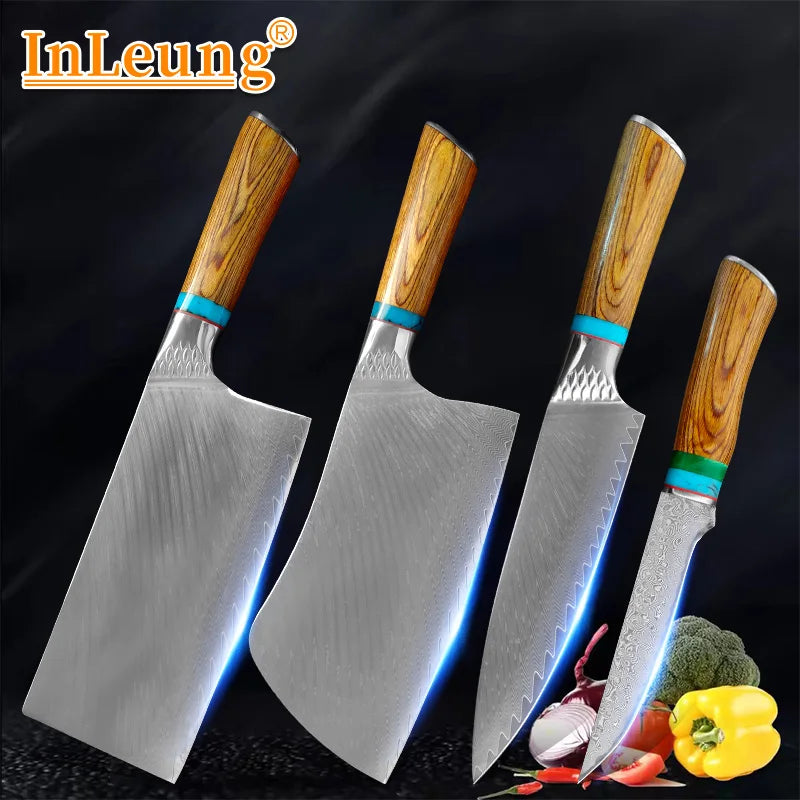 67-Layer VG10 Damascus Steel Kitchen Knife Set – Wood Handle Damascus Knife Set Qst