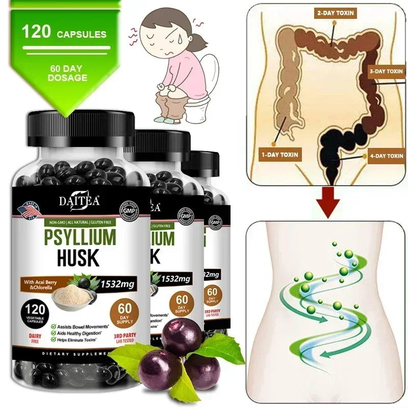 Psyllium Husk Capsules – Non-GMO, Gluten-Free Natural Fiber Fiber Supplement Qst