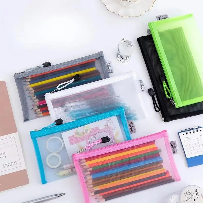 Transparent Mesh Pencil Pouch – Zip Organizer for School & Office Pencil Pouch Qme