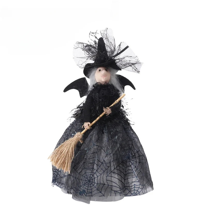 Halloween Witch Doll Ornament – Broom, Spider Web & Sequin Dress Halloween Ornament Qme