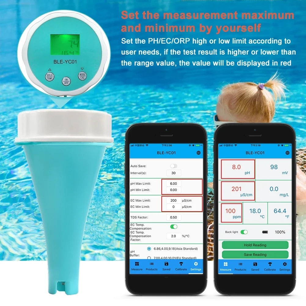 6-in-1 Water Quality Tester – pH ORP EC TDS Chlorine Bluetooth Water Quality Meter Qme