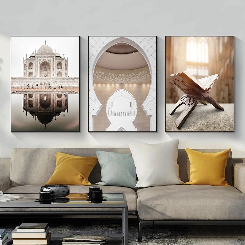 Morocco Mosque Canvas Wall Art – Beige Minimalist Poster Canvas Wall Art Qst