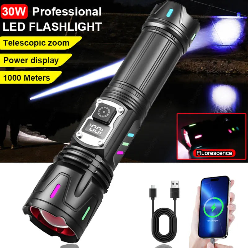 30W Rechargeable Tactical Flashlight – 5 Modes, Zoom, IP67 Tactical Flashlight Qst