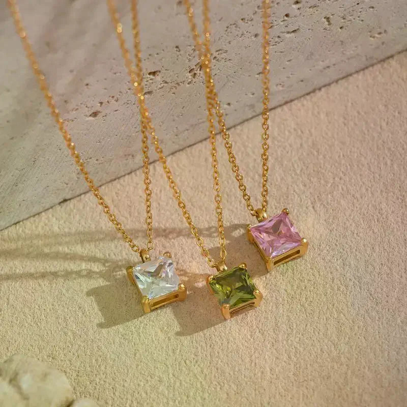 Minimalist Stainless Steel Square Zircon Pendant Necklace Pendant Necklace Qme