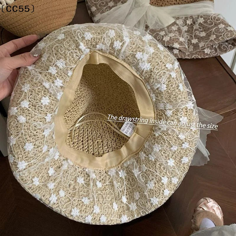 Lace Bow Foldable Straw Sun Hat – Women's Wide Brim Beach Hat Women's Straw Hat Qst