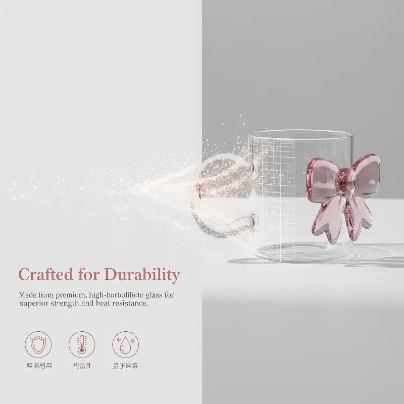 Pink Bow Glass Cup with Handle – Heat-Resistant Borosilicate Decorative Glass Cup Qme