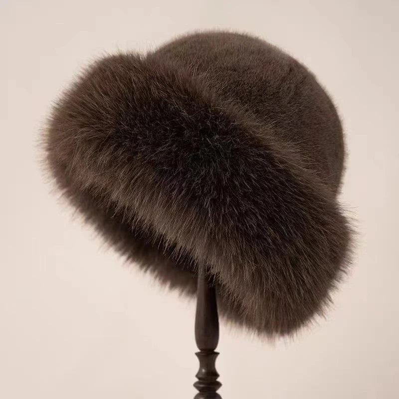 Women's Fluffy Mongolian Plush Hat – Warm Winter Fur Cap Winter Fur Hat Qst Coffee