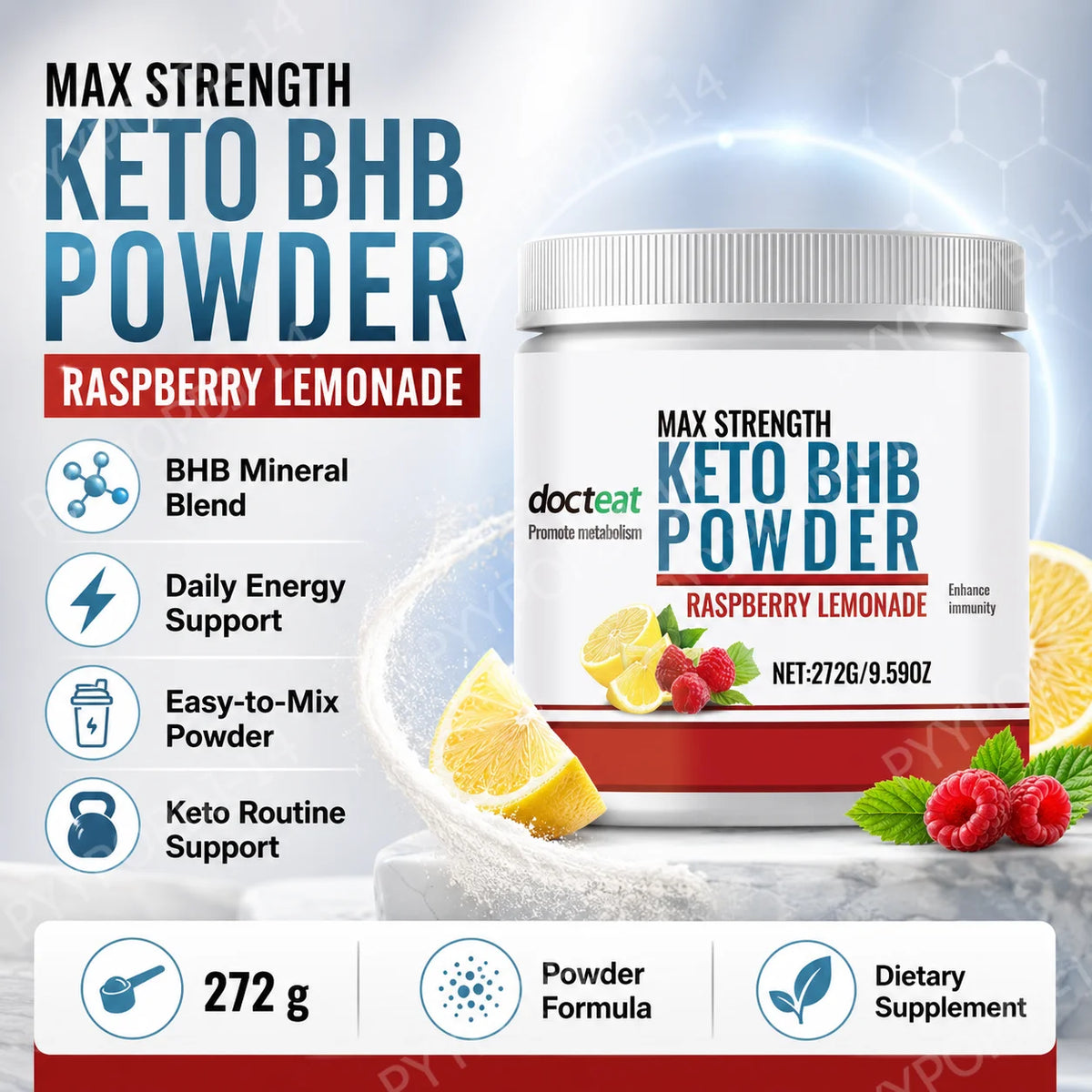 Docteat Keto BHB Powder Raspberry Lemonade 272g | Electrolytes Keto BHB Supplement Qst