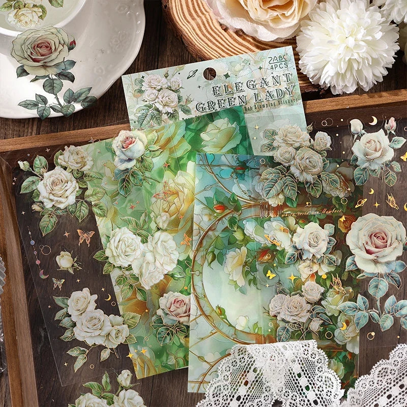 Large Aesthetic Flower PET Stickers – DIY Scrapbooking 4-Pack Decorative Stickers Qme