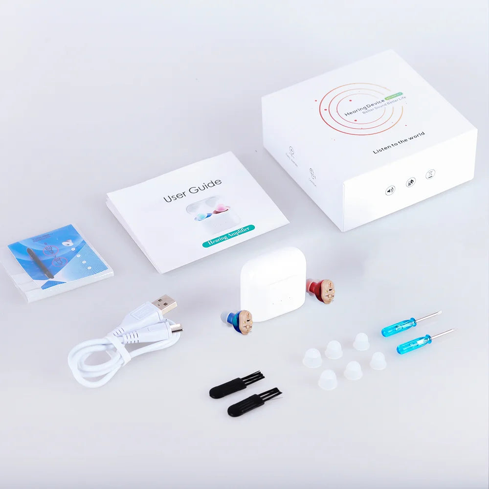 XceeFit Rechargeable ITE Hearing Aid | 20Hr Battery, Magnetic Case ITE Hearing Aid Qst Red Blue USB