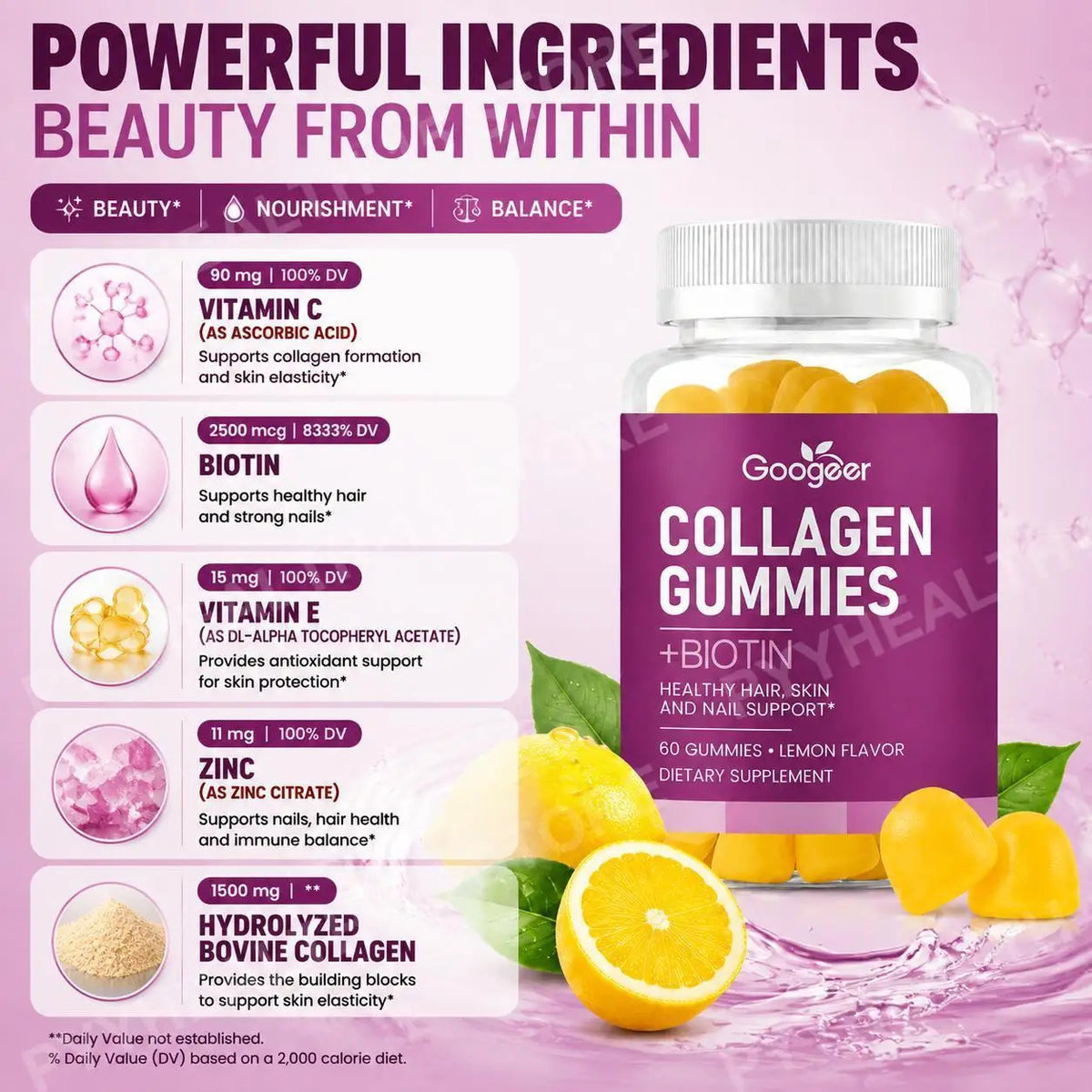 Googeer Collagen Gummies Biotin Vitamin C E Zinc – 60ct Collagen Gummies Qst