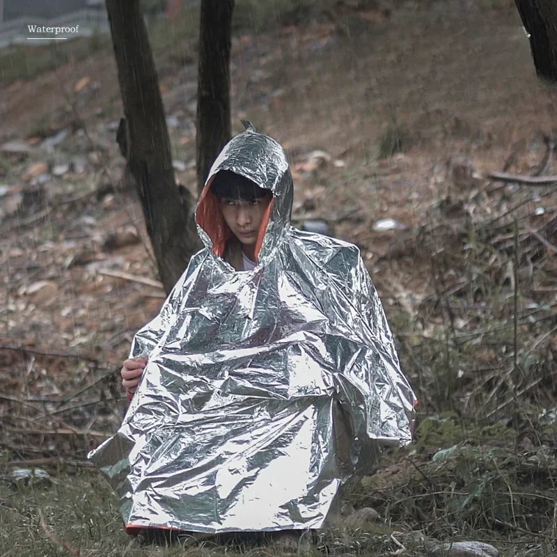 Emergency Poncho Waterproof Mylar Survival Blanket Raincoat Emergency Survival Poncho Qme
