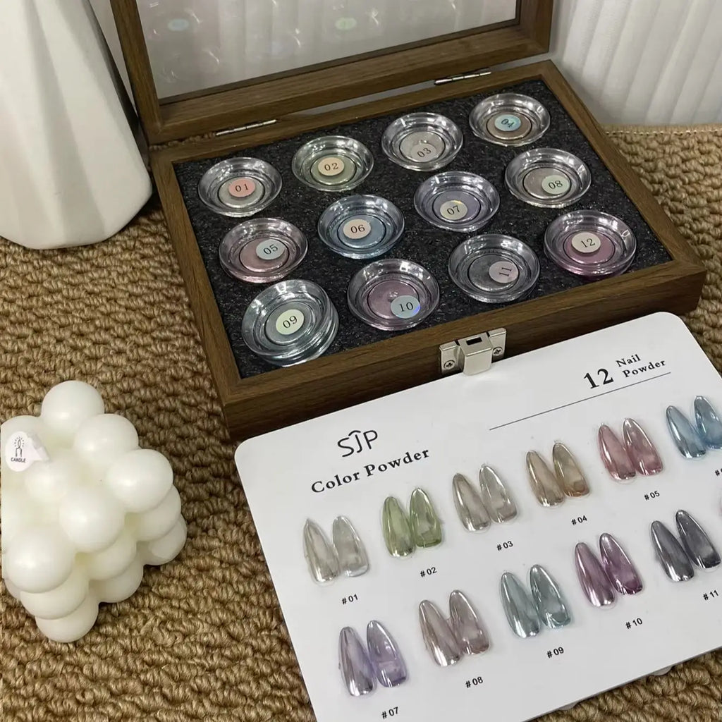 12-Color Mirror Nail Powder Set with Cards & Storage Box Mirror Nail Powder Kit Qme 01