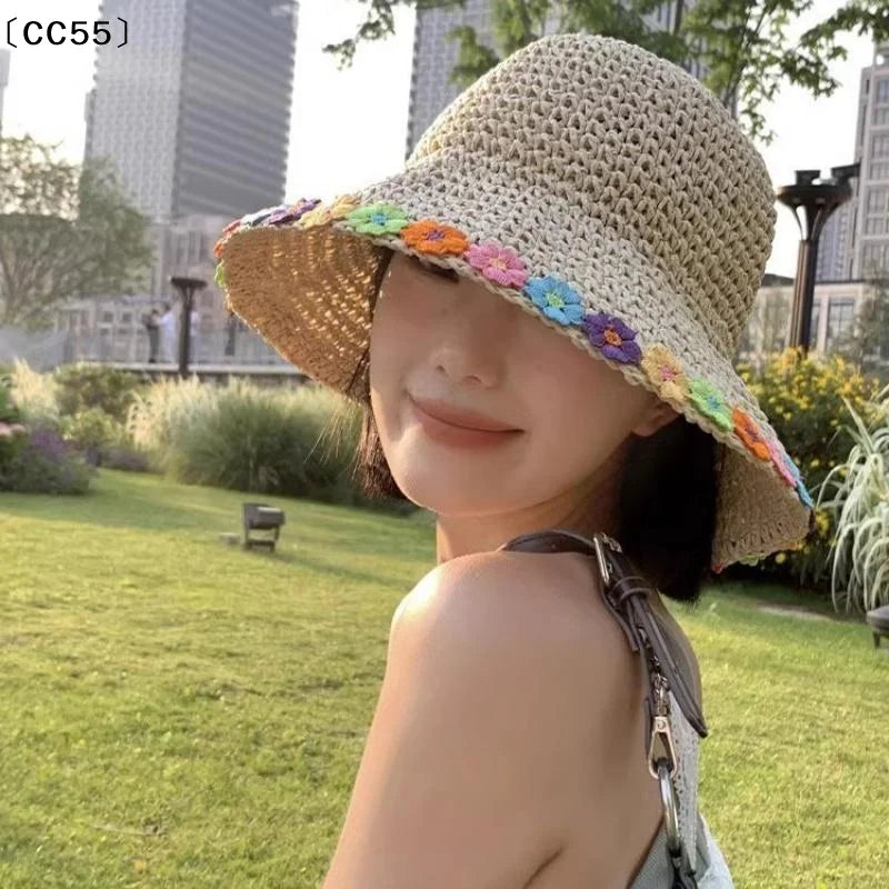 Woven Flower Straw Fisherman Hat – Wide Brim Summer Beach Hat Straw Sun Hat Qst