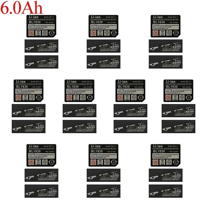 18V Li-ion Battery Capacity Label Stickers BL1830 – 10 Pack Battery Label Stickers Qme 6.0Ah