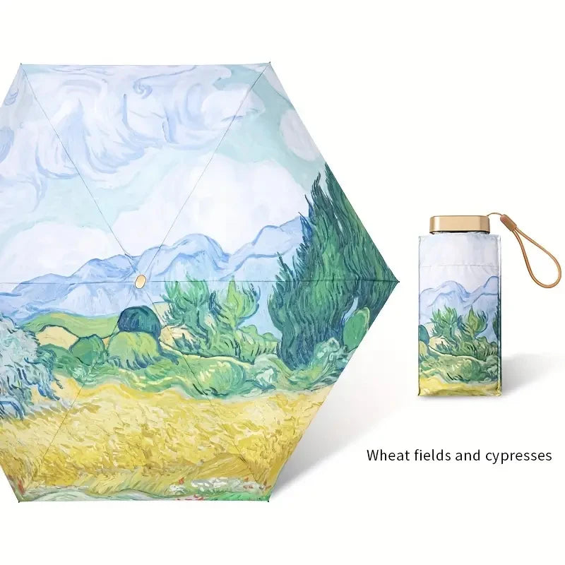 Oil Painting Women's Parasol – Light Compact Folding Umbrella Folding Parasol Umbrella Qst SKY BLUE