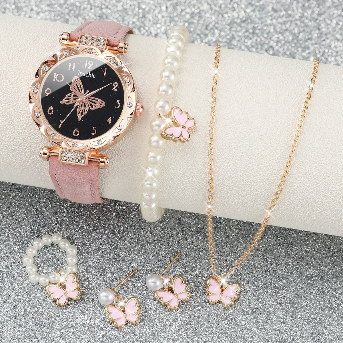 Women's Rhinestone Butterfly Dial Leather Bracelet Quartz Watch Women's Fashion Watch Qme