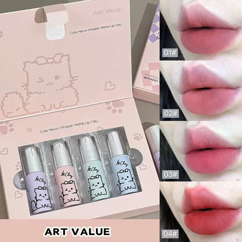 Kawaii Cat Velvet Nude Matte Lipstick Set – 4 Pcs Silky Matte Lipstick Set Qme AE840-TZ