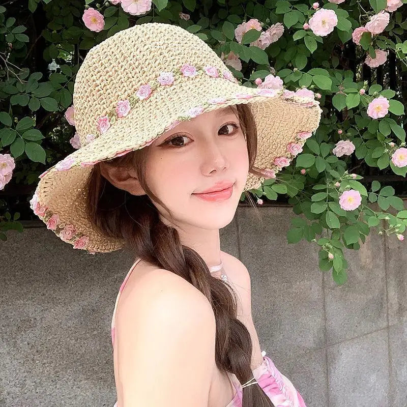 Women's Wide Brim Lace Straw Hat – Beach Sun Cap Straw Sun Hat Qst A5