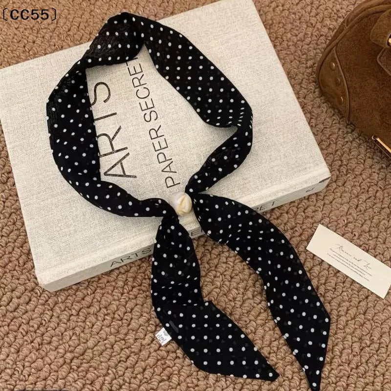 Vintage Polka Dot Chiffon Beaded Neck Scarf for Women Neck Scarf Qst