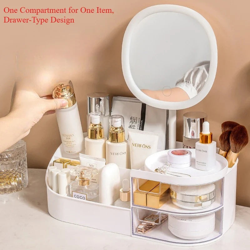 Makeup Storage Box with Mirror & Touch Light | Vanity Organizer Vanity Storage Organizer Qme