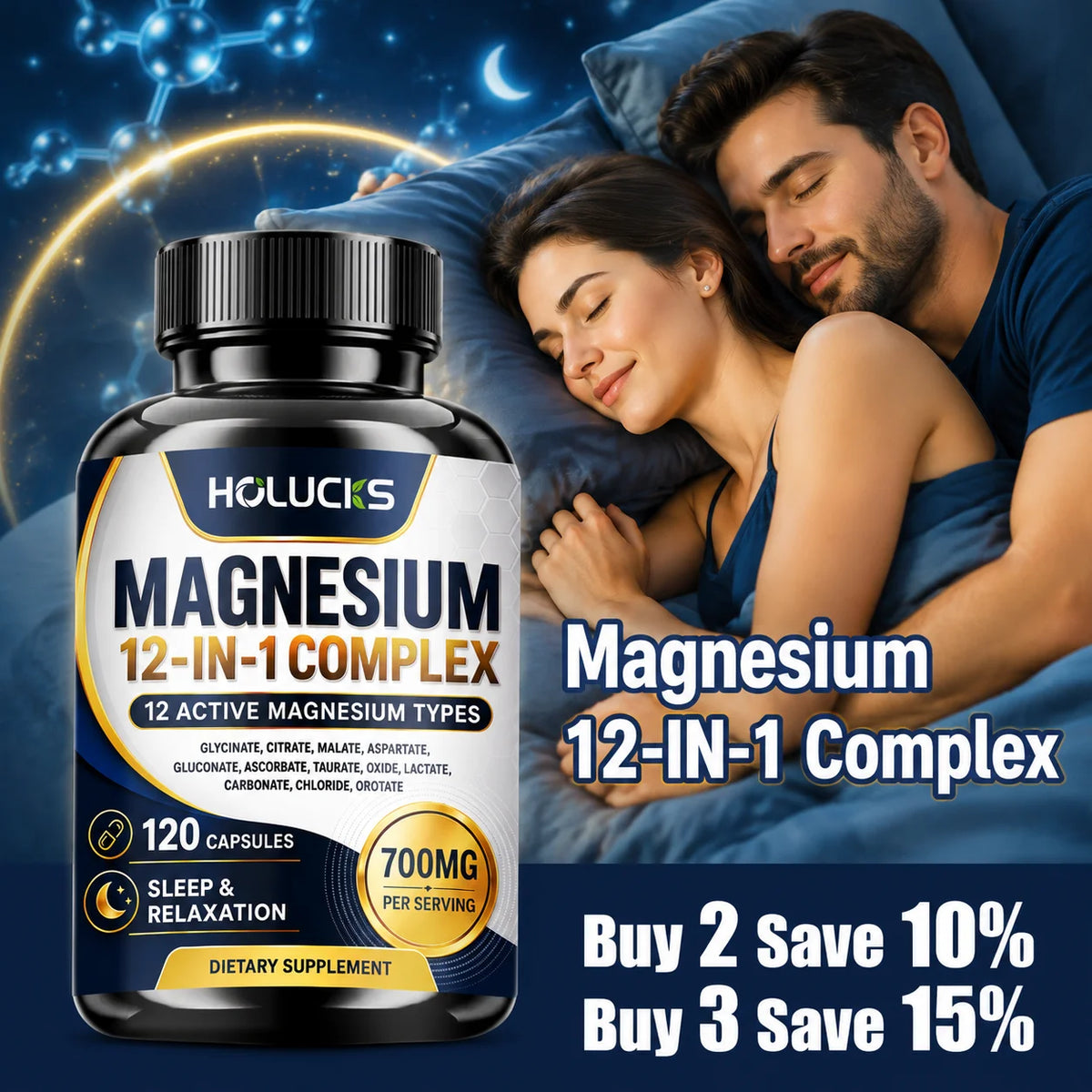 HOLUCKS 12-in-1 Magnesium Complex Capsules | Glycinate Citrate Magnesium Supplement Qst