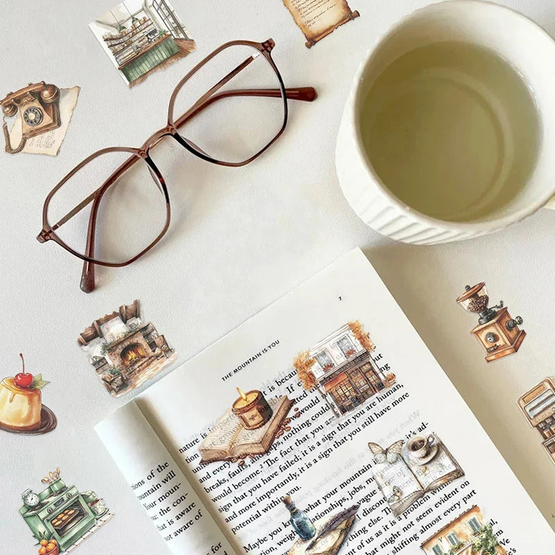 Retro Coffee Stickers – Waterproof PET Transparent 50pcs Decorative Stickers Qme