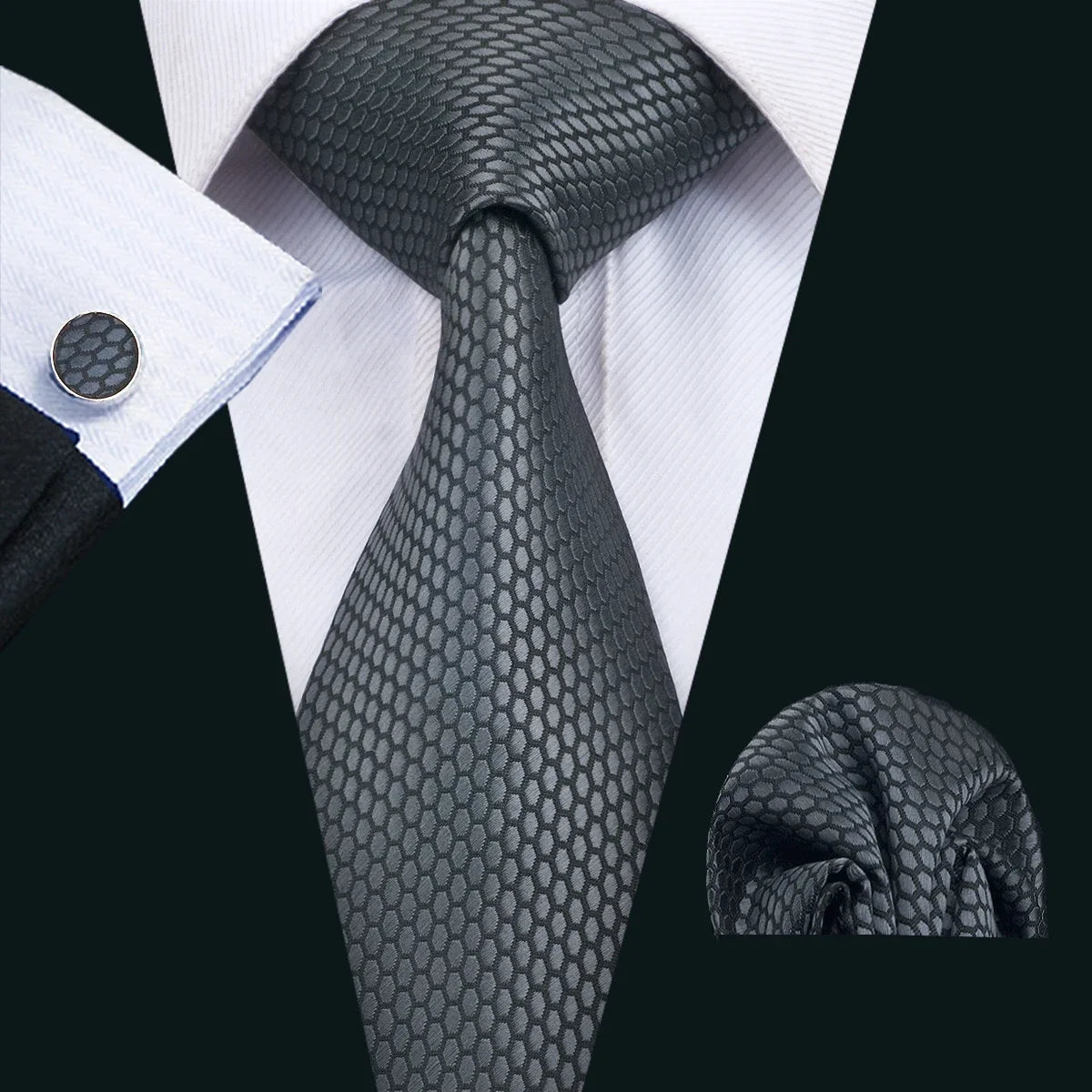 Barry Wang Black Geometric Silk Necktie & Handkerchief Set Necktie & Handkerchief Set Qme 1466
