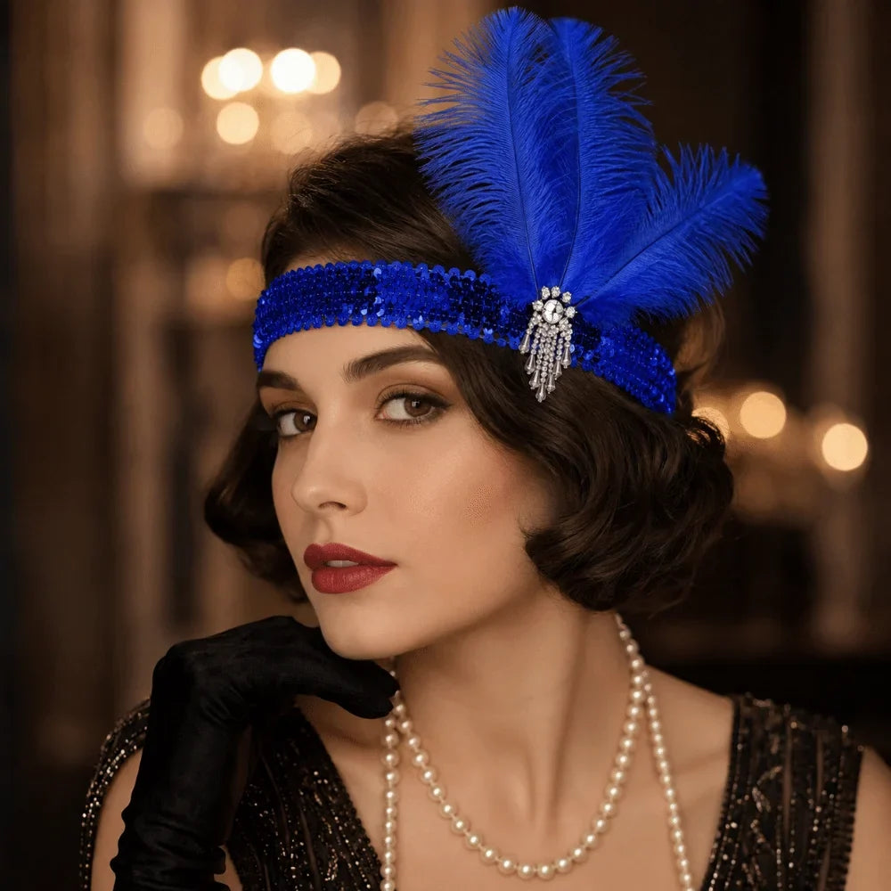 Retro 1920s Feather & Sequin Headband – Vintage Hair Hoop Feather Headband Qme