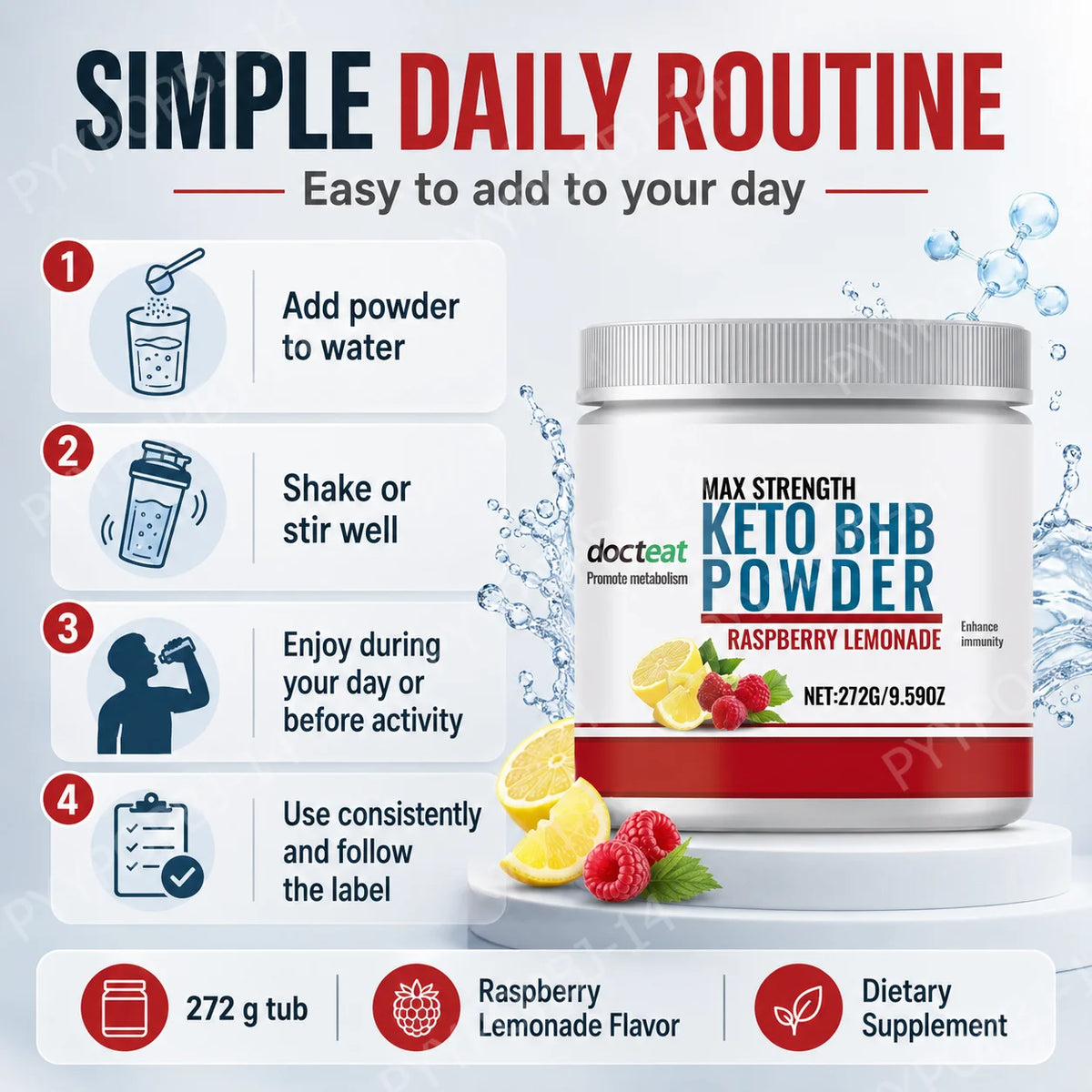 Docteat Keto BHB Powder Raspberry Lemonade 272g | Electrolytes Keto BHB Supplement Qst