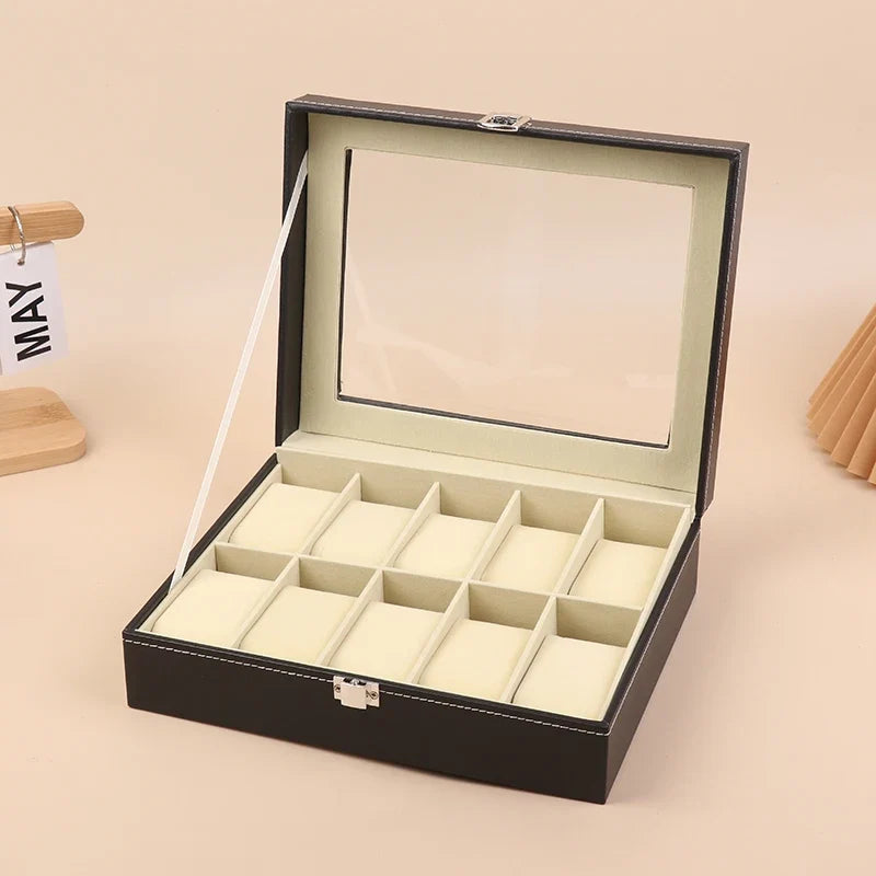 PU Leather Watch Box Display Case with Framed Glass Lid Watch Display Case Qme