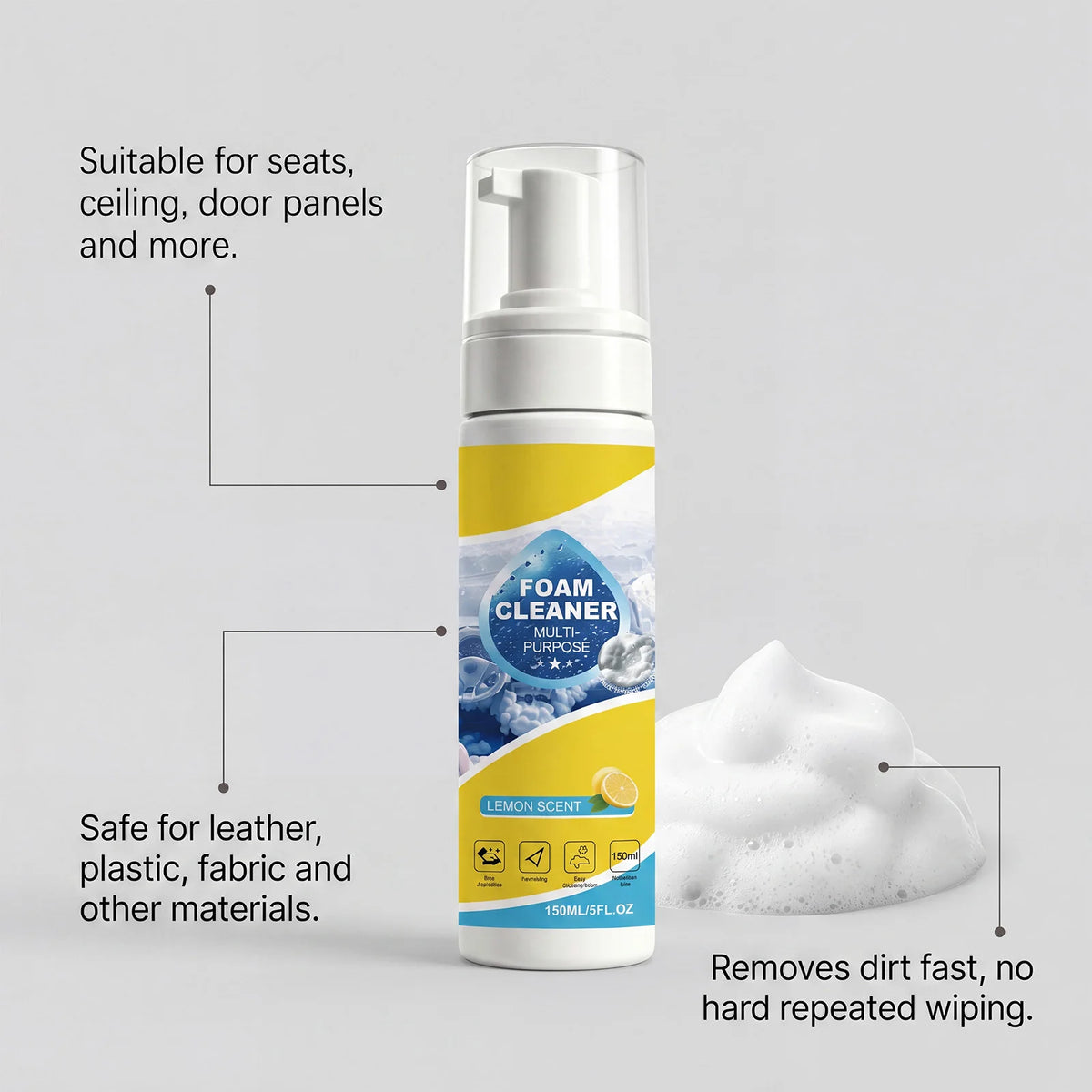 150ml Foam Bubble Car Interior Cleaner – Lemon Fragrance Car Interior Cleaner Qst