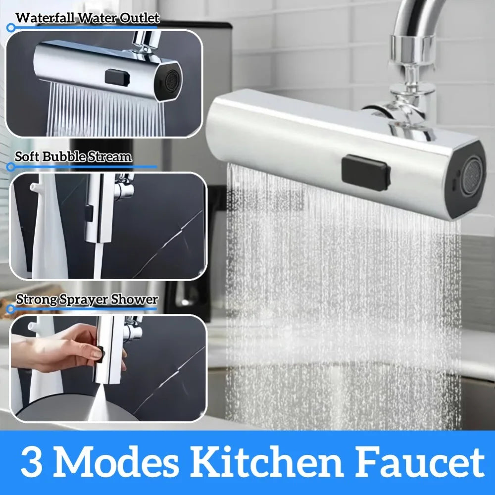 3-Mode Waterfall Faucet Aerator | 360° Swivel Splash-Proof Faucet Aerator Qme