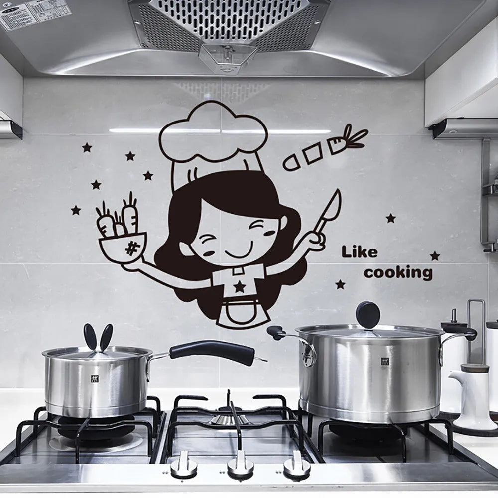 Happy Girl Chef Cooking Wall Sticker – Kitchen & Bar Decal Kitchen Wall Decal Qme Black