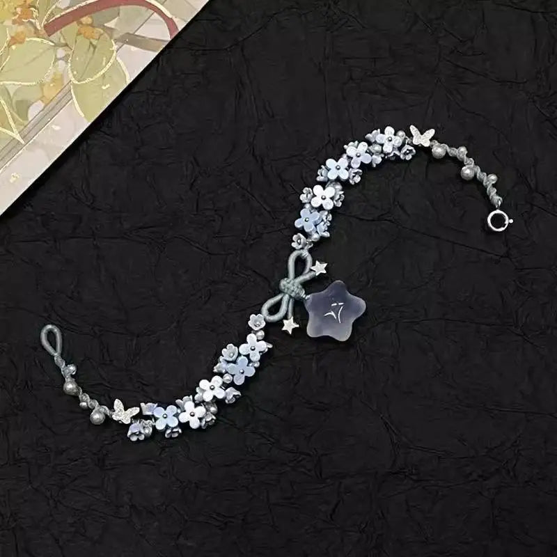 Blue Flower Braided Bracelet – Star Butterfly & Faux Pearl Braided Charm Bracelet Qme