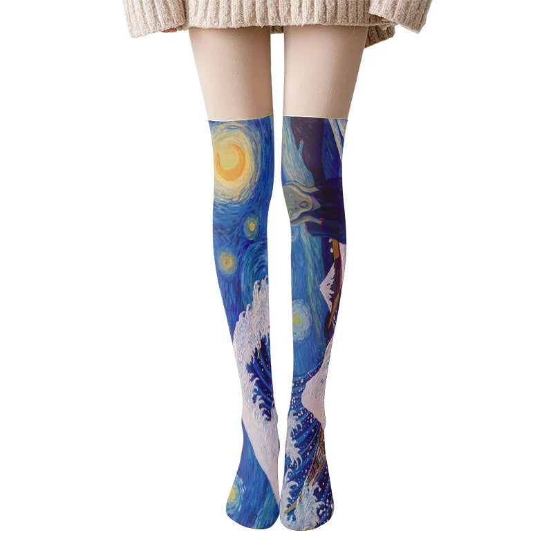 Van Gogh Art Print Thigh High Stockings – Starry Sky & Sunflower Thigh High Stockings Qme style10 One Size