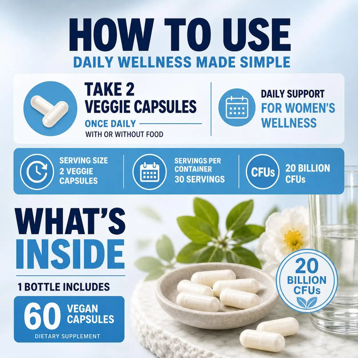 Women's Probiotic & Prebiotic Capsules 20B CFUs + Biotin 60ct Probiotic Supplement Qst