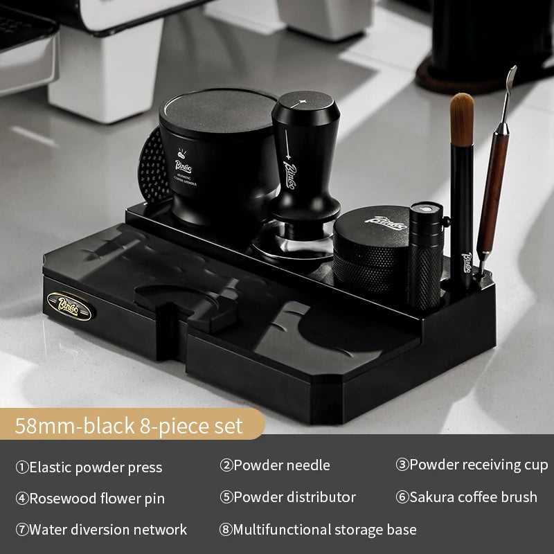Bincoo Black Espresso Tamping Station 8-Piece Barista Set Espresso Tamping Station Qst 8PCS Set 58mm