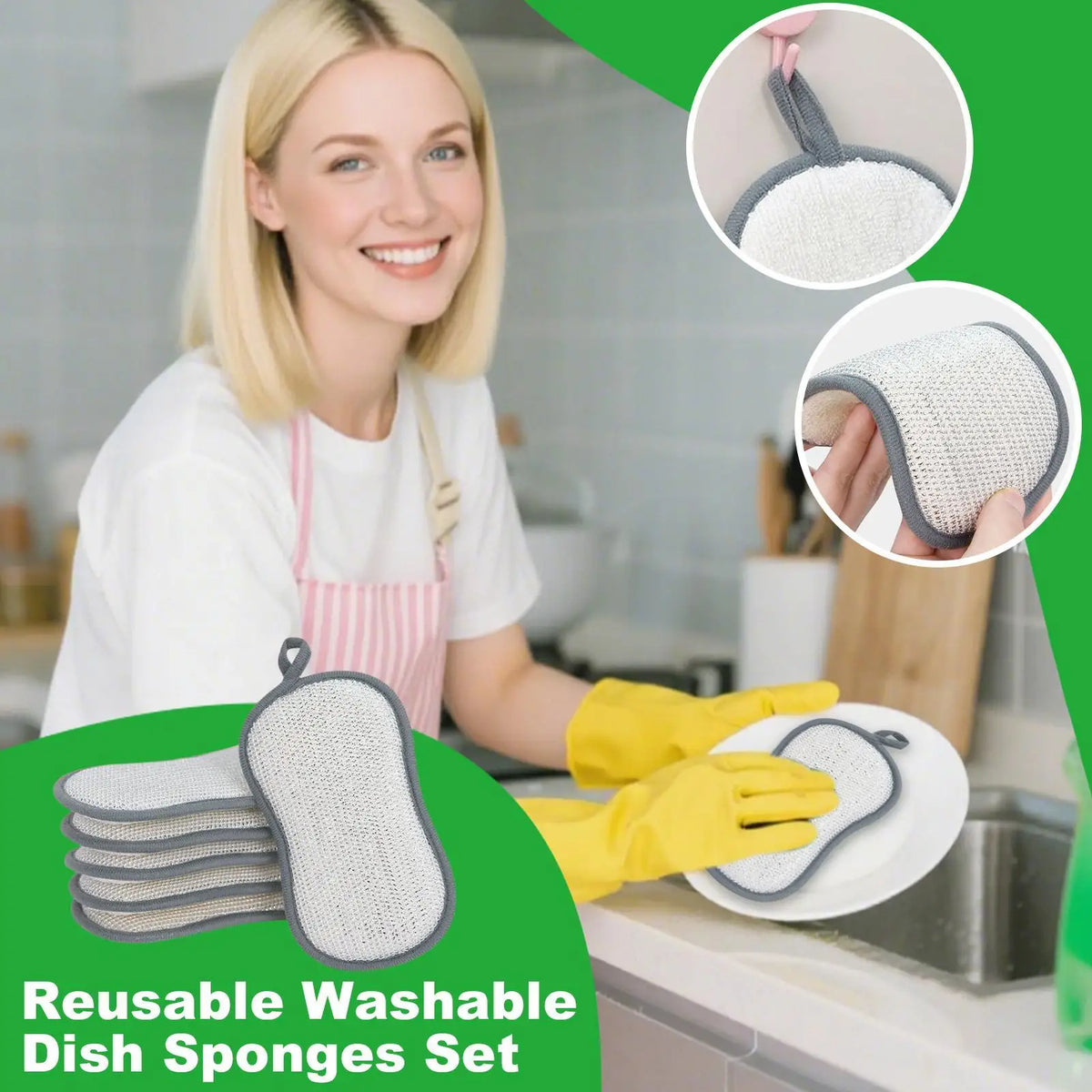 Double-Sided Dish Sponges Set of 6 – Washable Kitchen Scrubbers Kitchen Scrubber Sponge Qme