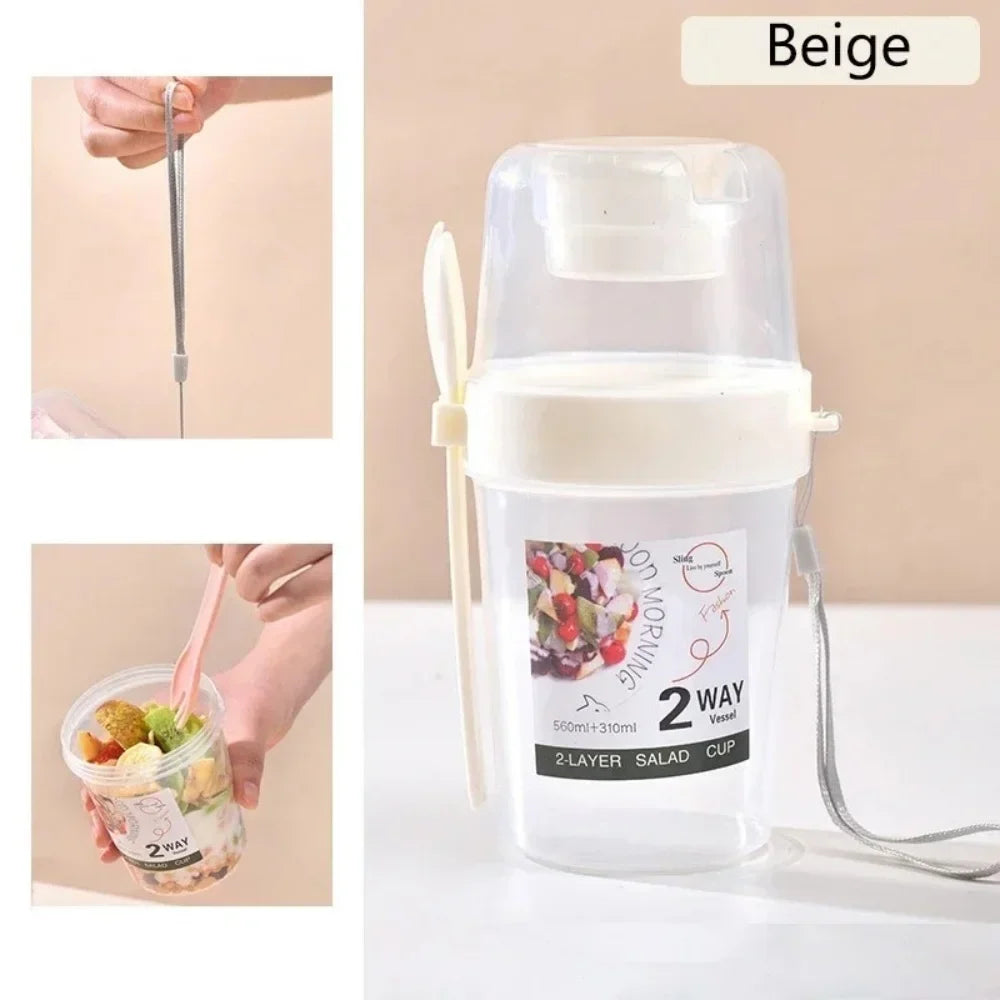 Portable Double Layer Salad Cup – Yogurt, Oats & Fruit Portable Food Container Qme Beige